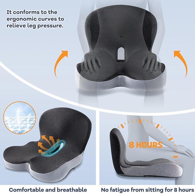 Ergonomic Seat Cushion for Office Chair & Car - Memory Foam Car Cushions for Driving with L-Shaped Design, Adjustable Strap, Non-Slip Bottom - Orthopedic Pad for Truck Driver (Dark Grey)