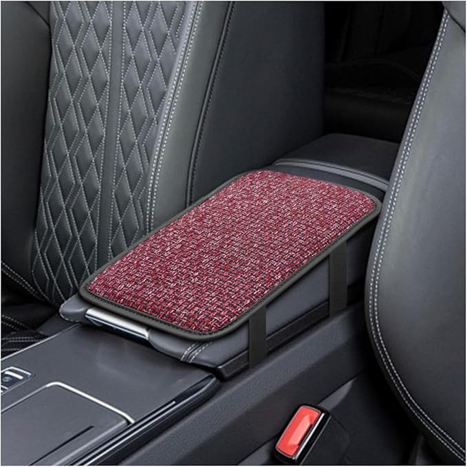 Car Center Console Armrest Pad, Linen Fabric Auto Armrest Box Protector Cover, 11.6 × 7.7 Inch Vehicle Middle Console Mat, Universal Interior Decoration Accessory for Car, SUV, Truck (Red)