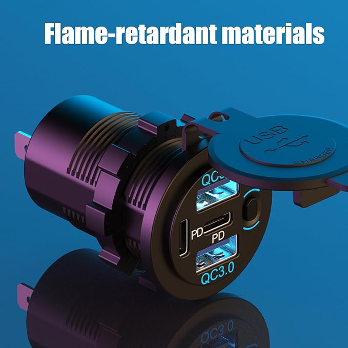 Dual PD 30W USB C Port and Dual Quick Charge 3.0 Port 12V USB Outlet with Power Switch, 78W Multiport Car Charger Socket Waterproof DIY Accessories for Car Boat Marine Motorcycle RV ATV Golf Cart