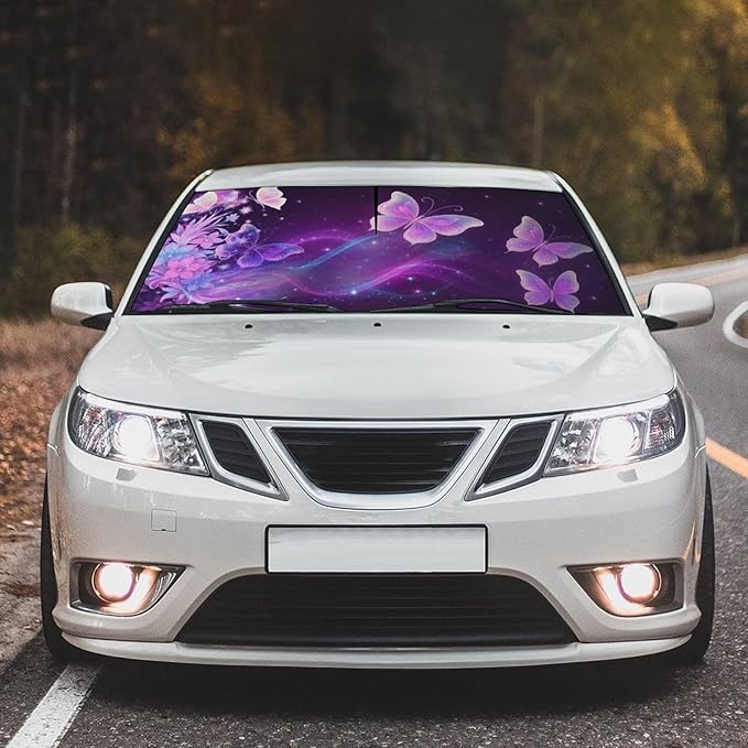 DOPINDU Butterfly Flowers Car Windshield Sun Shade Umbrella Bendable Handle Foldable Funny Sunshade for Car Windshield Block UV Rays Keep Vehicle Cool for Most Sedans SUV Trucks Cars 57"x30"