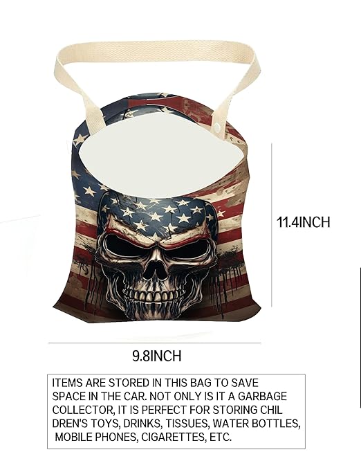 ANKVRP Car Trash Can, Durable Hanging Car Trash Garbage Bag, Cute Automotive Garbage Cans Organizer, American Flag Skull Print