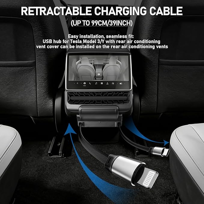 Rear USB Charger Hub for Tesla Model Y Juniper 2025,2026 Accessories- 4-Port Fast Charging Hub with Sliding Cover, Type-C+Lightning Docking Station for Tesla Model 3 Highland 2024-2026