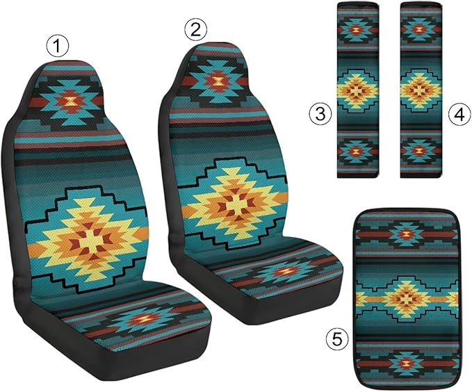 Psesaysky Aztec Design Car Accessories for Women Men, Breathable Car Seat Cover Protector with Seat Belt Shoulder Strap Pad, Armrest Cushion Protector for SUV Truck Sedan Van