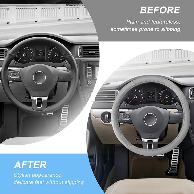 15 Inch Leather Steering Wheel Cover, Breathable Anti-Slip Steering Wheel Protector Cover, Elastic Soft Comfortable Universal Wheel Cover for Men and Women, Car Accessories (Gray)