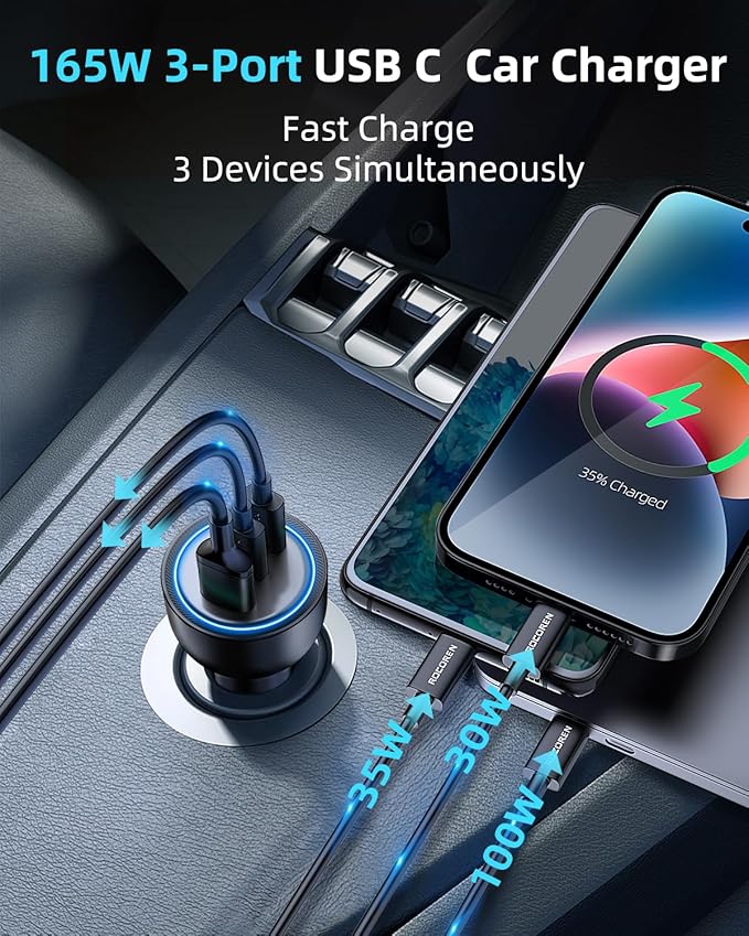 165W Car Charger for Laptops, PD3.1 140W/PD3.0 100W USB C Car Charger,Super Fast Charging Cigarette Lighter USB Charger Adapter with 240W Cable for MacBook Pro,iPhone 17/16/15,Samsung S25,iPad
