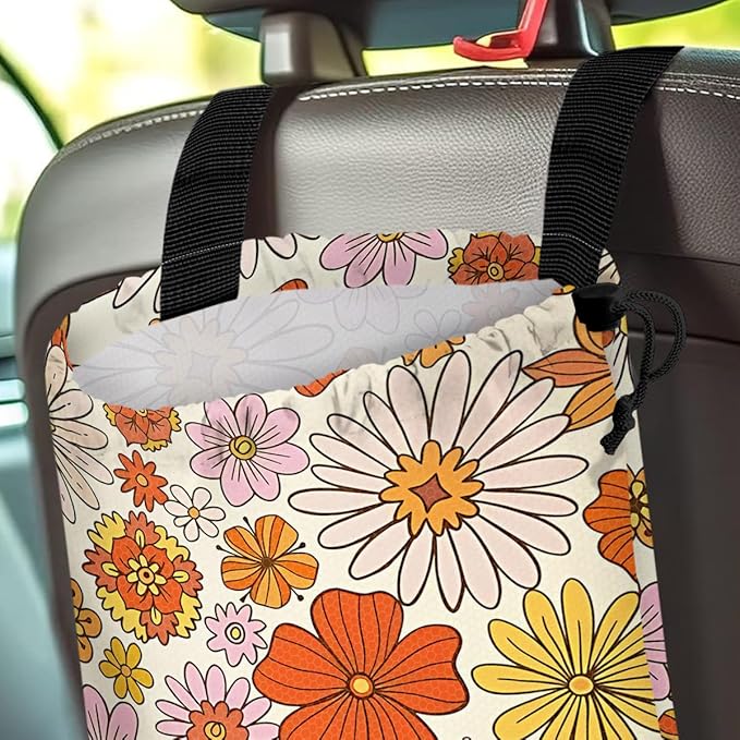 GEGEPINK Car Trash Bag Hanging Back of Seat Waterproof Small Cute Printed One-Handed Strap Drawstring Garbage Bags for Car-Colorful Flower