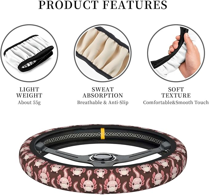 Cute Axolotl Car Steering Wheel Cover, 15 Inch Steering Wheel Cover Stylish Decor for Most Cars