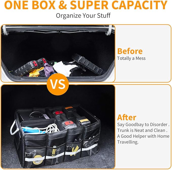 i BKGOO Car Trunk Organizer with Lid,Collapsible Car Trunk Storage Organizer,Multi-Compartment Car Organizer for auto, SUV, Truck, Minivan Black, X-Large