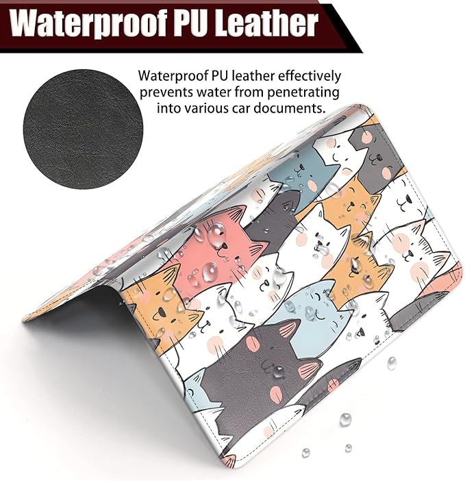 Car Registration Holder, PU Leather Vehicle Glove Box Organizer for Driver License, Document, Car Insurance Holder with Magnetic Shut, Auto Paperwork Wallet Case Accessories, Cute Cartoon Cats