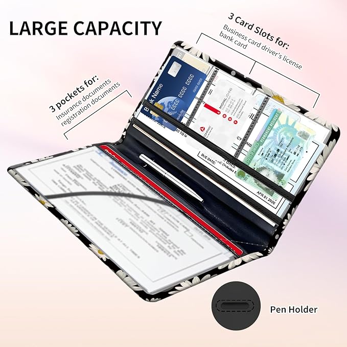 BAUCIWLD Premium Car Registration and Insurance Card Holder, Cute PU Leather Car Document Holder, Vehicle Glove Box Car Organizer with Magnetic Closure for Driver License, Cards White Daisy