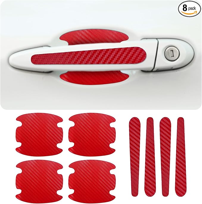 8PCS Carbon Fiber Car Door Handle Scratch Protectors, Universal Paint Guard Sticker for Door Handle Bowl, Fits Most Cars, Trucks, SUVs (Red)