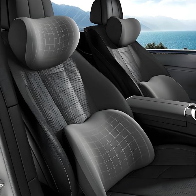 Car Headrest & Lumbar Support Cushion, Car Headrest and Lumbar Support, Ergonomic Car Seat Headrest & Lumbar Cushion, Car Head Rest and Lumbar Pillow Set for Neck Back Pain Relief (Gray)