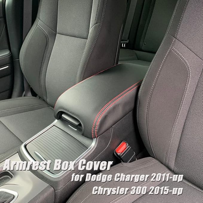 BOYUER Center Console Cover Armrest Leather Pad Cover Compatible with Dodge Charger 2011-2023/Chrysler 300 2015-2023（Red Stitches，Black Cushion, Neoprene）