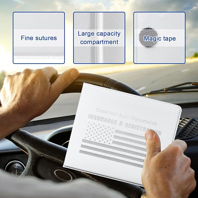 Ziciner Car Registration Insurance Holder, 2Pack Essential Auto Card Document Glove Box Organizer with Touch Fastener, Vehicle Interior Accessories Perfect for Most Car, Truck, SUV (White/White Flag)