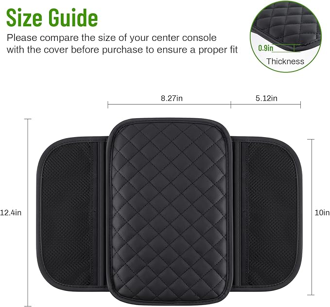 ADDSOM Car Center Console Cover with 6 Storage Pockets, Leather Car Arm Rest Cover Thickened Cushion, Universal Vehicle Armrest Pad Interior Protector, Black