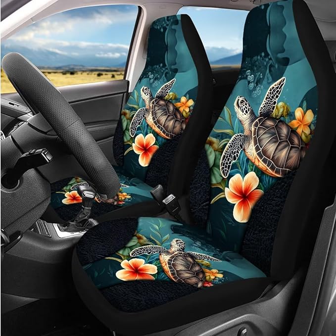 DNGKAOJE Hawaiin Sea Turtle Car Seat Covers Full Set,13 Pieces Art Turtle Print Seatbelt Shoulder Pads,Collapsible Garbage Bin,Armrest Pad Cover,Armrest Pad Set for Women Men Auto Interior Accessories
