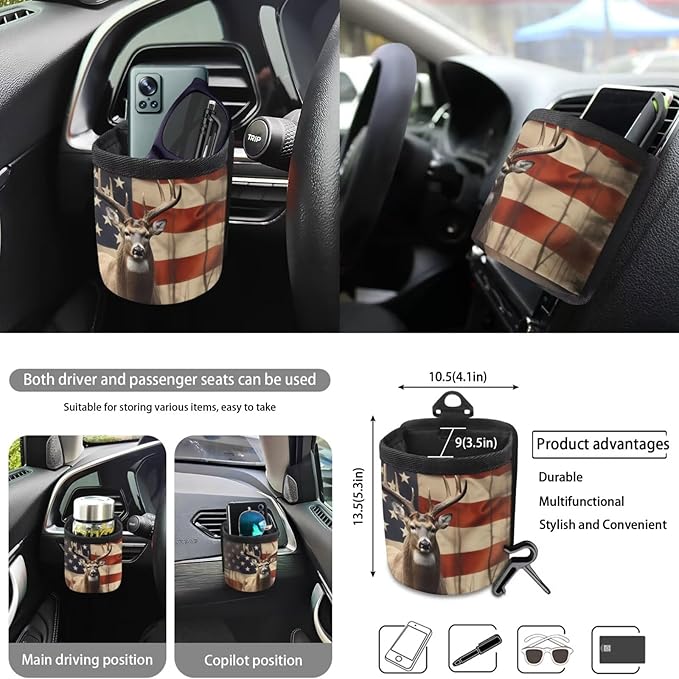 American Flag Deer Printed Car Interior Cover Sets, Car Front Rear Seat Cover with Steering Wheel Protector Coaster Trash Can Air Vent Storage Bag, Universal Fits Auto Interior Accessories