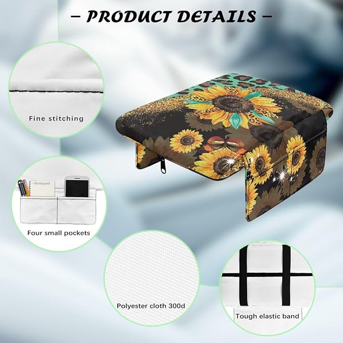 Wanyint Sunflower Leopard Print Green Car Center Console Pad Comfortable Anti-Slip Armrest Cushion with Organizer Pocket Arm Rest Cover Console Lid Protector Cushion Auto Interior Accessories
