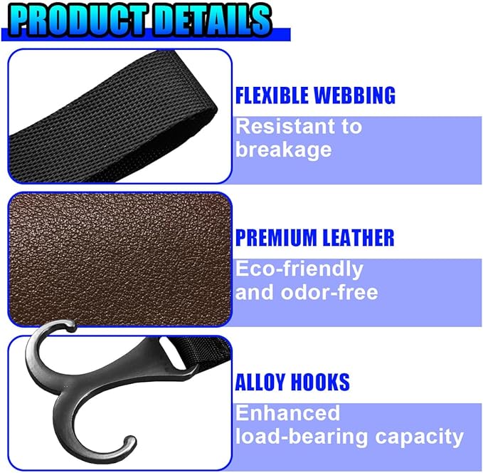 2PCS Car Seat Hooks for Headrest, Leather Car Seat Back Storage Hanger with Double Hooks, Universal Hidden Auto Organization Accessories for Purses, Bags, Umbrellas, Handbags (Coffee)