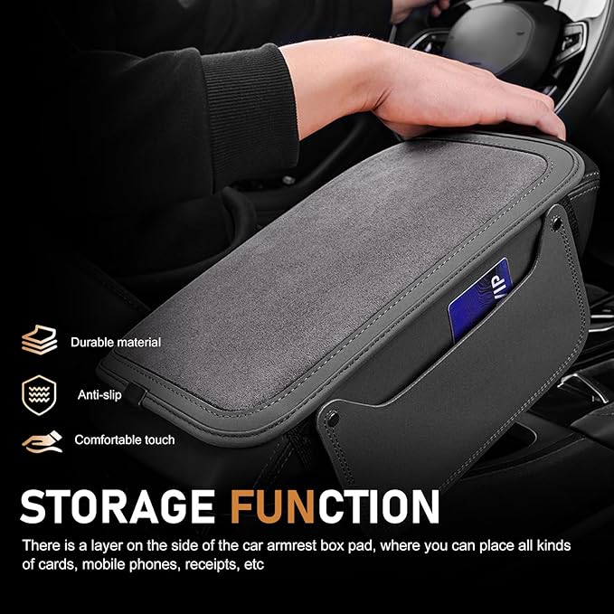 Upgraded Car Center Console Cover, Furry Soft & Comfortable Center Elbow Cushion with Two Side Storage Pockets, Luxury Leather Plush Armrest Pad Decoration, for Most Vehicles (Gray)