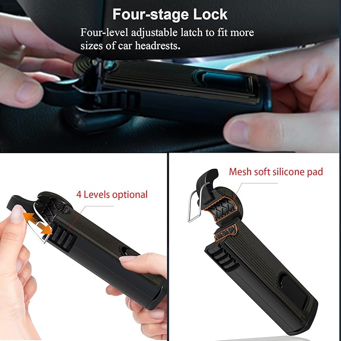 Back Seat Headrest Hooks - New Upgraded 2 in 1 Hidden Car Hook With Phone Holder, Universal 360 Rotation for Purses and Bags (Black - 1PCS)