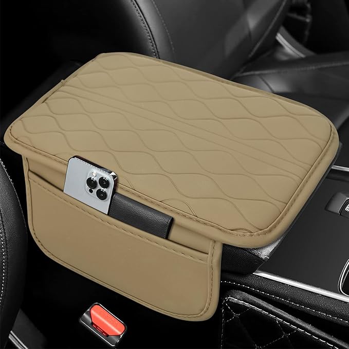 Leopard Cheetah Print African Animal Hunting Auto Center Console Armrest Pad, Car Center Console Cover, Auto Accessories Soft Comfort Armrest Cover Cushion Mat for Most Cars (Beige-K3)