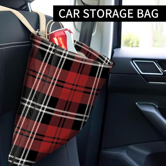ABUIFDK Car Trash Can, Hanging Car Organizer and Storage Bag, Trash Bin for Vehicle, Travelling, Camping Black and Red Checkerboard