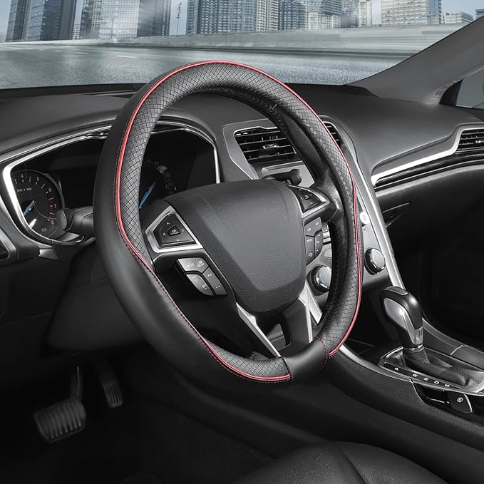 SEG Direct Steering Wheel Cover 14.5-15 inch (37-39 cm) Medium Size, Microfiber Leather, Non-Slip Comfortable Grip, Fits Cars Trucks SUVs, Black and Red