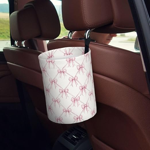 Pink Ribbon Bow Car Trash Can Leak-Proof Waterproof Hanging Trash Bin Collapsible Garbage Can for Car Accessories Travelling Camping