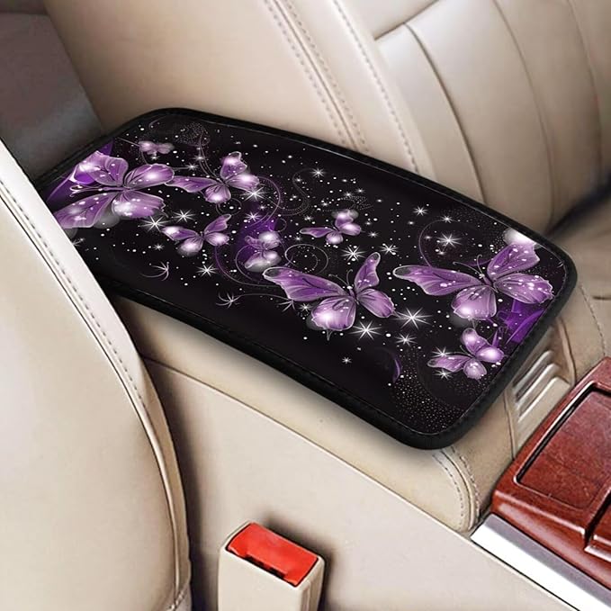 Car Auto Center Console Pad Purple Butterfly Print Universal Armrest Seat Box Cover Glitter Star Car Interior Accessories Polyester Auto Armrest Cover Protector for Most Vehicle, SUV, Truck