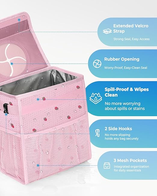 HORJONES Corduroy Car Trash Can with Lid and Mesh Pockets - Leakproof Organizer,Multipurpose Waterproof Garbage Can/Trash Bin for Car(Pink Base with Red Strawberry Print -2 Gallons)