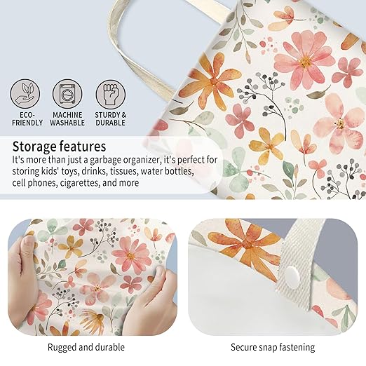 Car Trash Can, Hanging Garbage Bin for Men and Women, Cute Car Organizer and Storage Bag, Canvas Vehicle Trash Can Bag Easy-to-Install Cute Boho Pink Floral