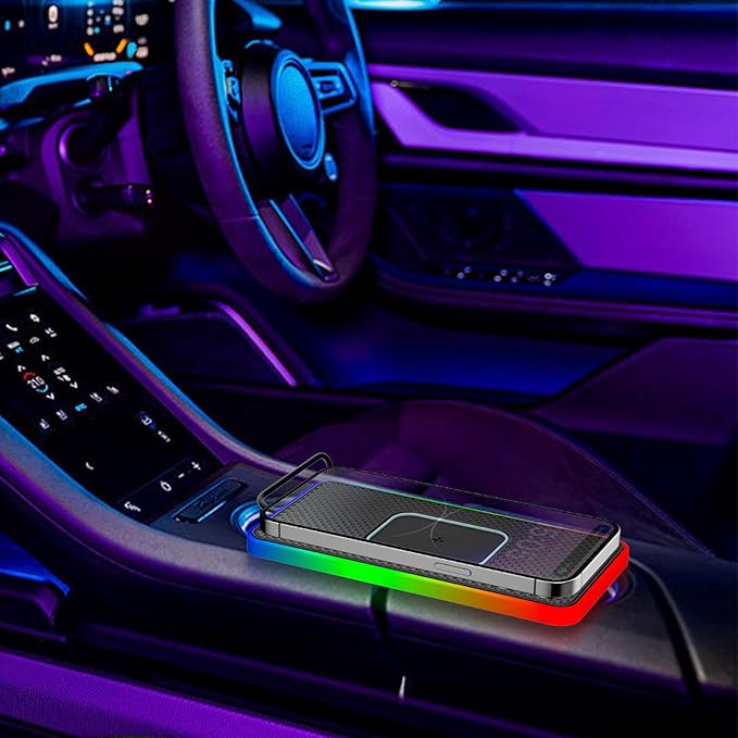 Magnetic Wireless Car Charging Pad 20W with RGB LED Light, Non Slip Fast Wireless Charger Mat for 17/16/15/14/13/12, Charging Pad