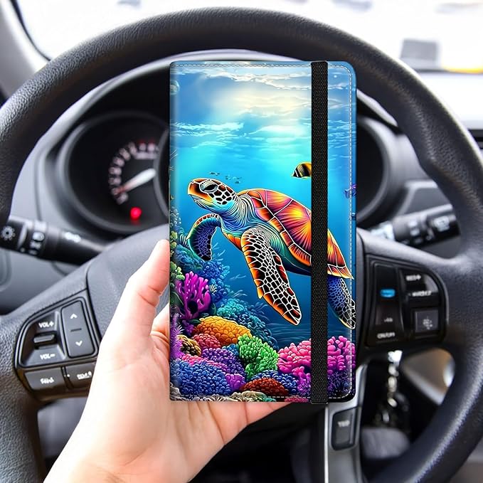 Tudguiloae Car Registration and Insurance Card Holder, Trunk Document Holder Organizer, Essential Vehicle Glove Box Organizer PU Leather Wallet for Driver,Colorful Sea Turtle