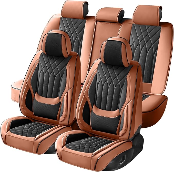 GEZHOUBA Black Brown Car Seat Covers Full Set, Luxury Leather Brown Seat Covers for Front and Rear Seats Waterproof Anti-Slip Full Wrapped Universal Fit for Most 5-Seater Cars SUVs