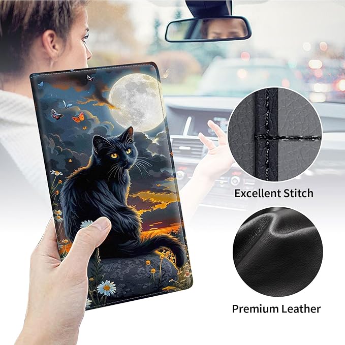 Qindaiwen Car Registration and Insurance Holder, Vehicle Card Document Elastic Band Closure Glove Box Organizer, Driver License Cards, Car Accessories for Essential Info, Cat Moon 02