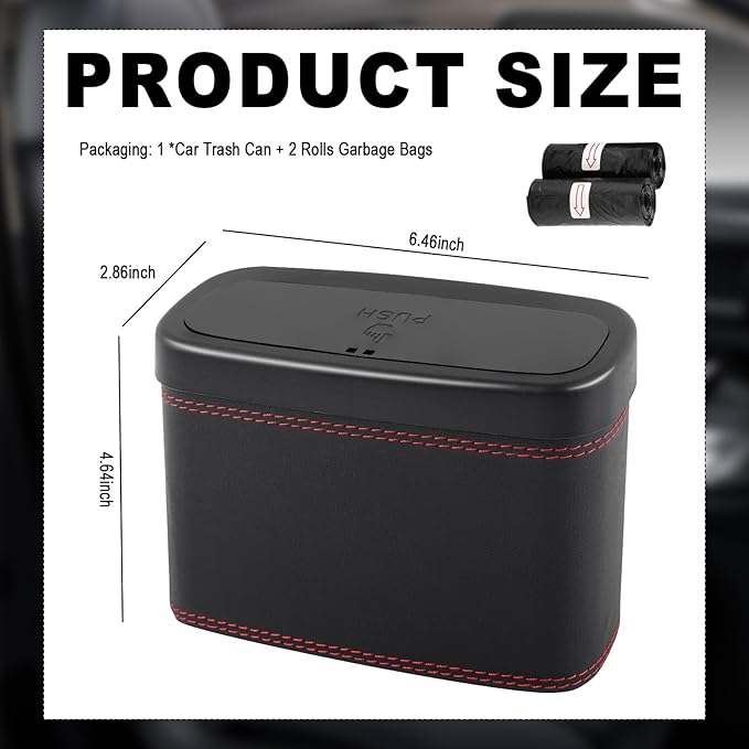 Push-Top Car Trash Can with Lid and Hanging Clip,Small Leather Car Garbage Can with 30 Trash Bags,Multi-Purpose Leakproof Cars Trashes Bin Cars Accessories for SUV,Truck,Auto
