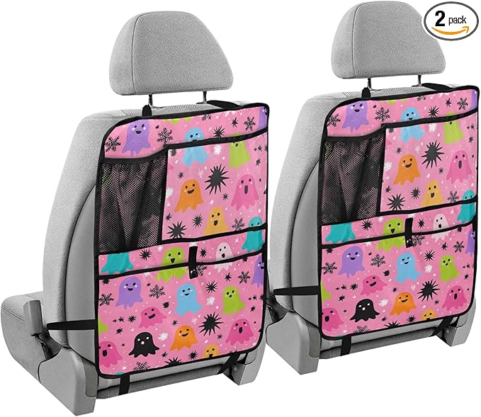 2 Pack Back Seat Car Organizer with Storage Pockets Kick Mats Back Seat Protector Hanging Car Organizer Automotive Seat Back Cover Organizers Hot Pink Halloween Ghost Snowflakes