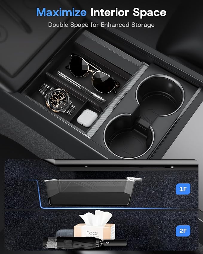 Center Console Organizer for Tesla Model Y Juniper Accessories 2026 2025 & Tesla Model 3 Highland Accessories [Durable PC + Silent Silicone Liner] Armrest Storage Tray Wireless Charging Pad Cup Holder