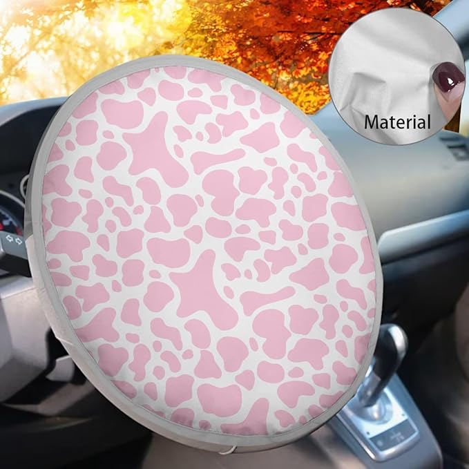 Pink Cow Print Car Steering Wheel Sun Shade Cover Universal Steering Wheel Sunshade 17 Inch Car Rudder Protector Block UV Rays Reflector Easy to Install