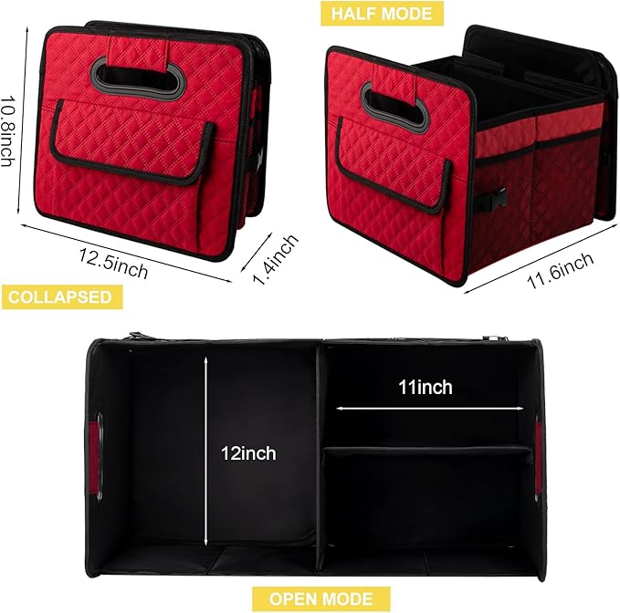 JiatuA Car Trunk Organizers and Storage for SUV, Collapsible Multi Compartment Container Box Adjustable Car Accessories for Women Men, Red