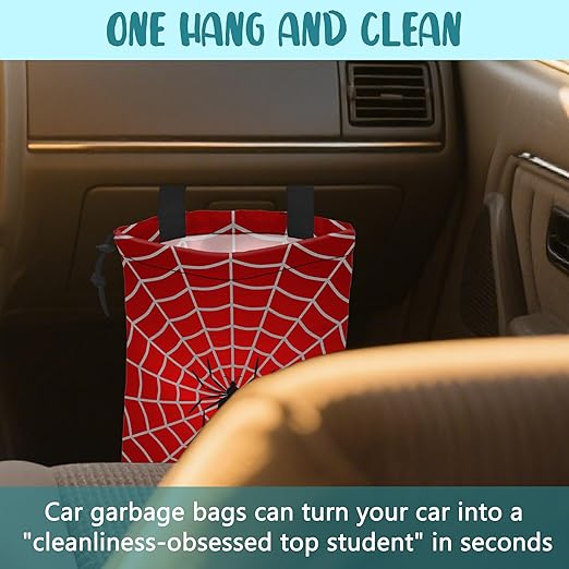 KXWQTRDD Car Garbage Bag Spider on Spider Web Drawstring Car Trash Bag Hanging for Back Seat with Adjustable Buckle Canvas Vehicle Trash Can Easy-to-Install