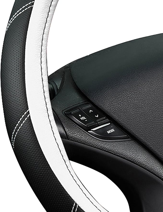 CAR PASS Line Rider Microfiber Leather Sporty Steering Wheel Cover Universal Fits for 95% Truck,SUV,Cars,14.5-15inch Anti-Slip Safety Comfortable Desgin (Black-White)