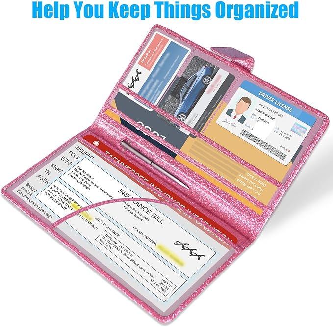 DMLuna Car Registration and Insurance Holder, Leather Vehicle Card Document Glove Box Organizer, Auto Truck Compartment Accessories for Essential Information, Driver License Cards, Glitter Pink
