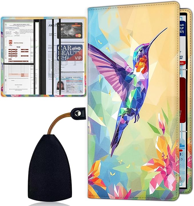 Car Registration Holder, PU Leather Vehicle Card Document Glove Box Organizer, Women Interior Auto Accessories Case for Cards, Driver License Car Insurance Holder, Colorful Hummingbird Abstract