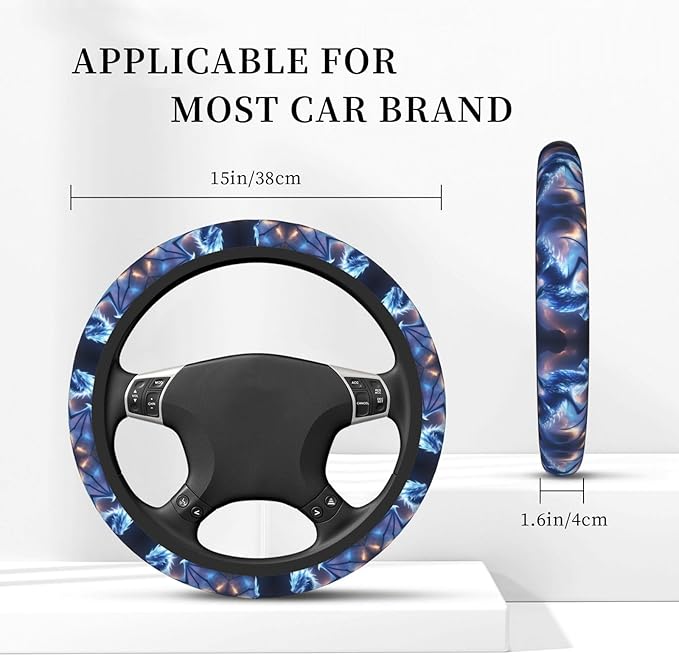 Cool Dragon Blue Car Steering Wheel Cover, 15 Inch Steering Wheel Cover Stylish Decor for Most Cars