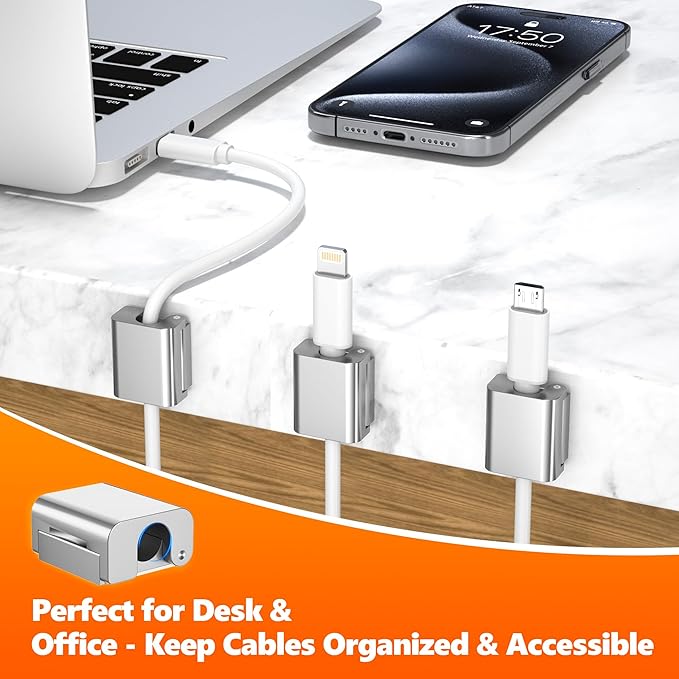 AGVEE 4 Pack Magnetic Cord Organizer Clips, 10mm Ultra-Thin Aluminum Cable Management Holder, 2 Pairs of Strong Magnets Keeper for Home Desk Office Gadgets Accessories, Residue-Free Tape, Silver