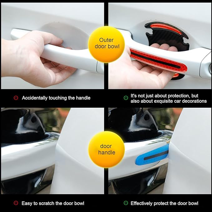 8PCS 3D Carbon Fiber Car Door Handle Protector Sticker, Universal Auto Door Handle Anti Scratch Cover Guard, Car Outdoor Safety Reflective Strips, Paint Guard Protective Films(Red)