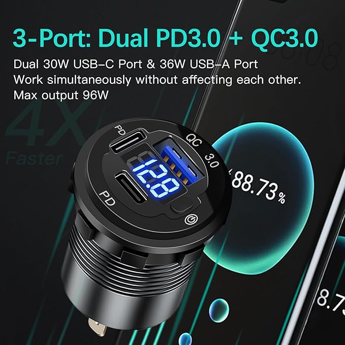 3 Port 12V USB Outlet Aluminum Car Charger, 78W Dual PD30W/QC3.0 Multiple USB Port with Voltmeter and Switch, USB C Cigarette Lighter Replacement 12 Volt Socket Waterproof for Marine Boat Truck RV