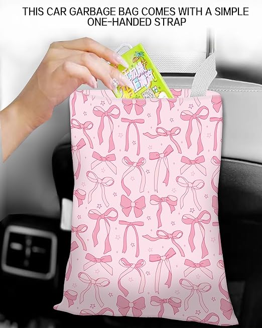 ANKVRP Car Trash Can, Durable Hanging Car Trash Garbage Bag, Cute Automotive Garbage Cans Organizer, Cute Pink Bow Star